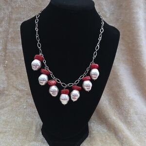 Elegant Silver and Red Pearl Necklace